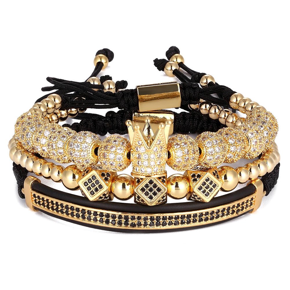 Pave Crown Braided Bead Bracelet Black & Gold - GRVTYCLUB