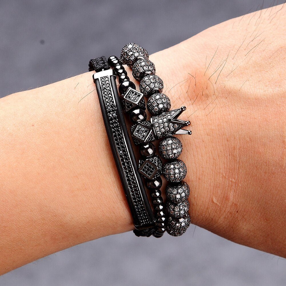 Pave Crown Braided Bead Bracelet Black & Silver - GRVTYCLUB