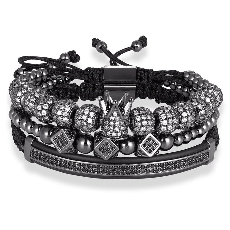 Pave Crown Braided Bead Bracelet Black & Silver - GRVTYCLUB