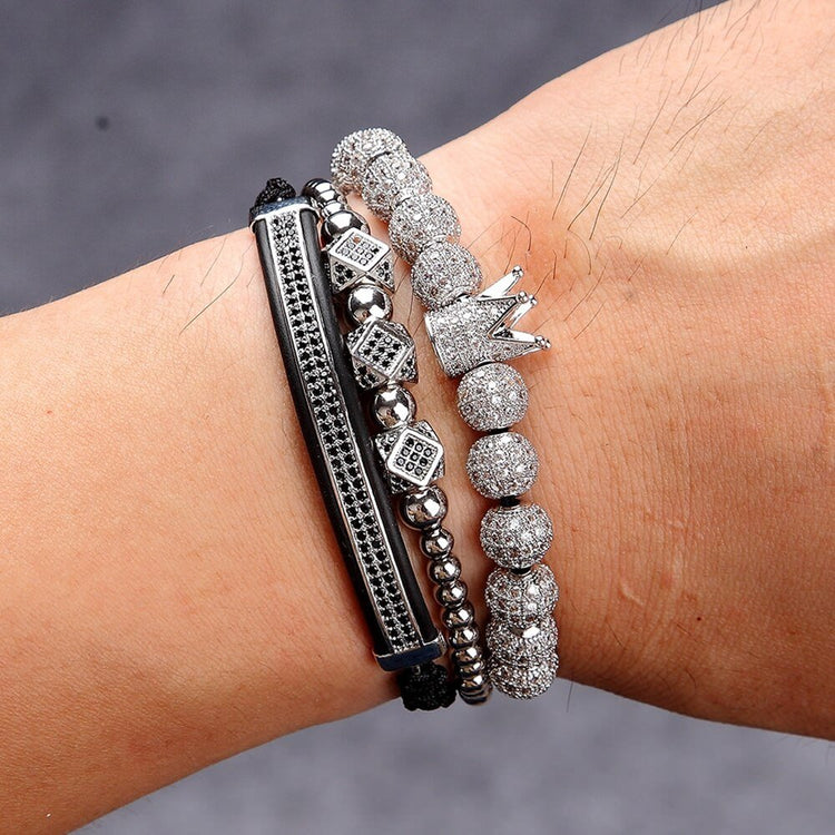 Pave Crown Braided Bead Bracelet Silver - GRVTYCLUB